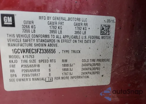 2015 Chevrolet Silverado K1500 Lt из США, поврежденный, VIN 1GCVKREC3FZ336656